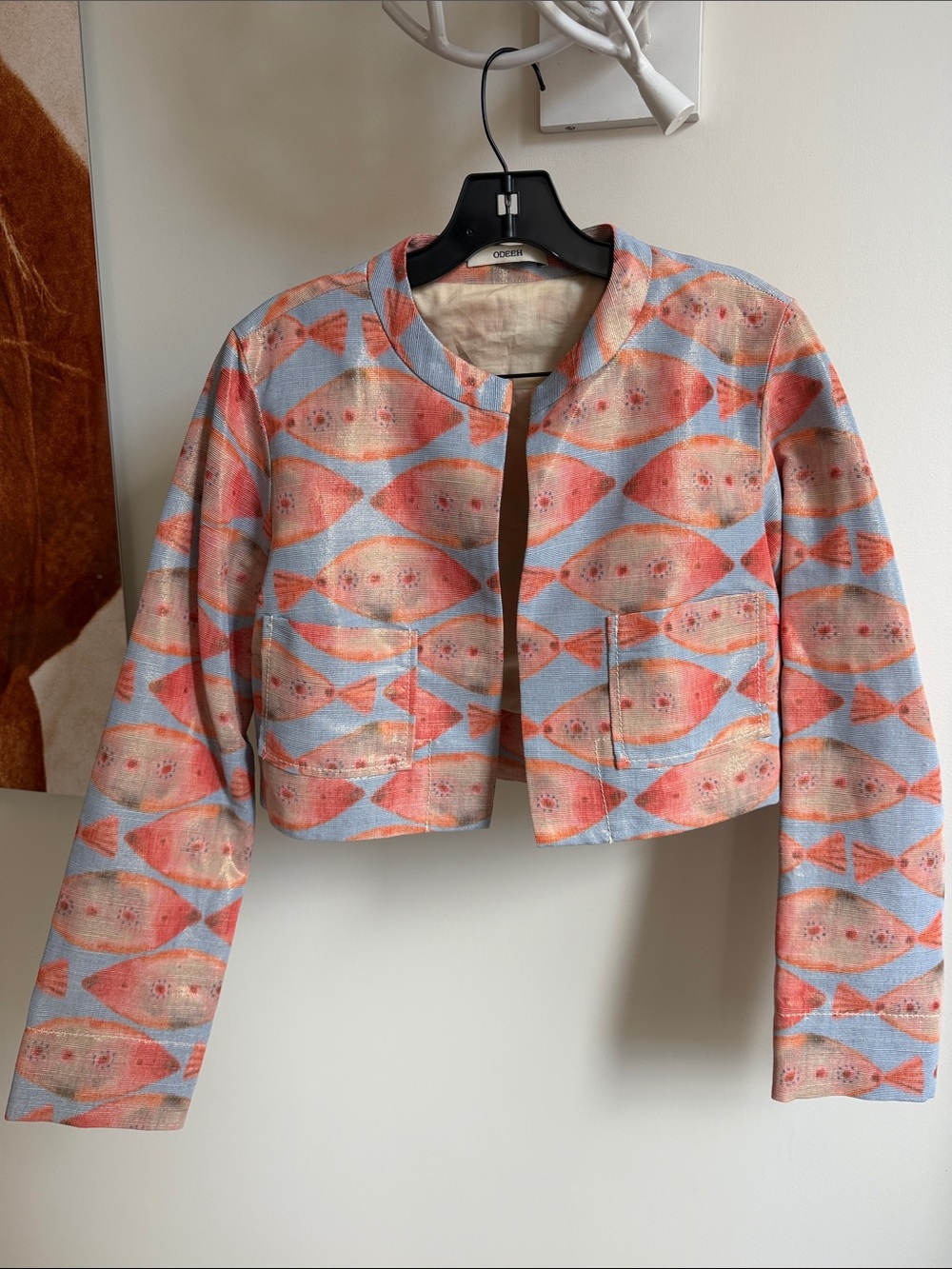 Cropped Fish-Print Blazer in Coral & Light Blue shimmer